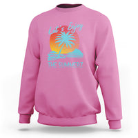 Pink crewneck sweatshirt with 'Let's Enjoy' beach sunset graphic on back