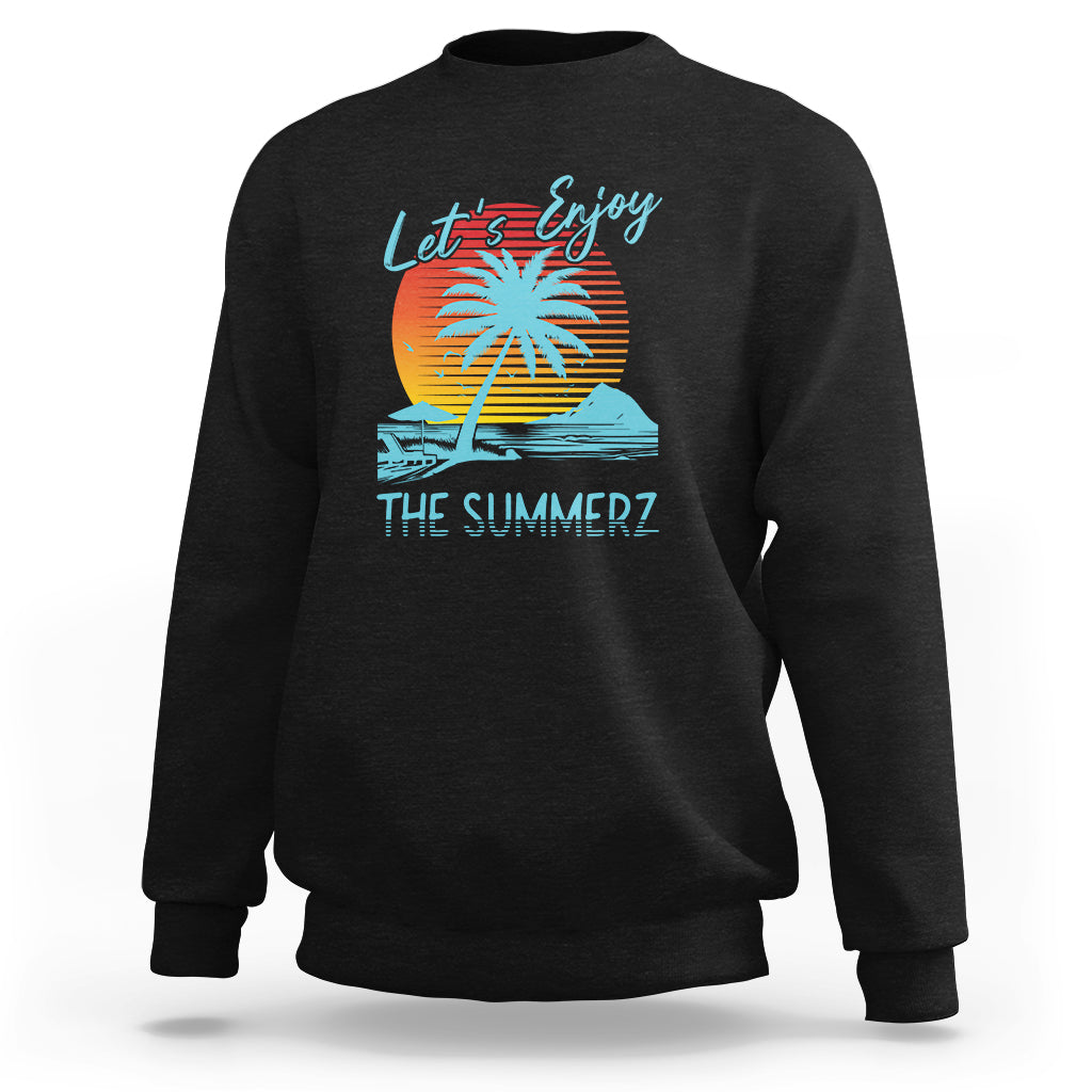 Black crewneck sweatshirt with 'Let's Enjoy' beach sunset graphic on back