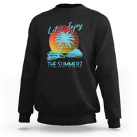 Black crewneck sweatshirt with 'Let's Enjoy' beach sunset graphic on back