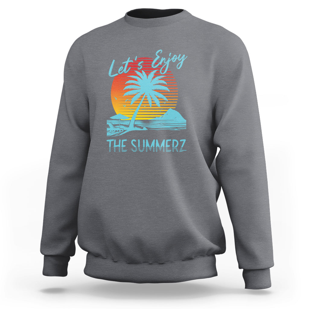 Heather gray crewneck sweatshirt with 'Let's Enjoy' beach sunset graphic on back