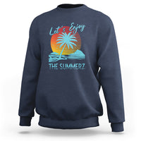Navy crewneck sweatshirt with 'Let's Enjoy' beach sunset graphic on back