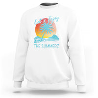 White crewneck sweatshirt with 'Let's Enjoy' beach sunset graphic on back