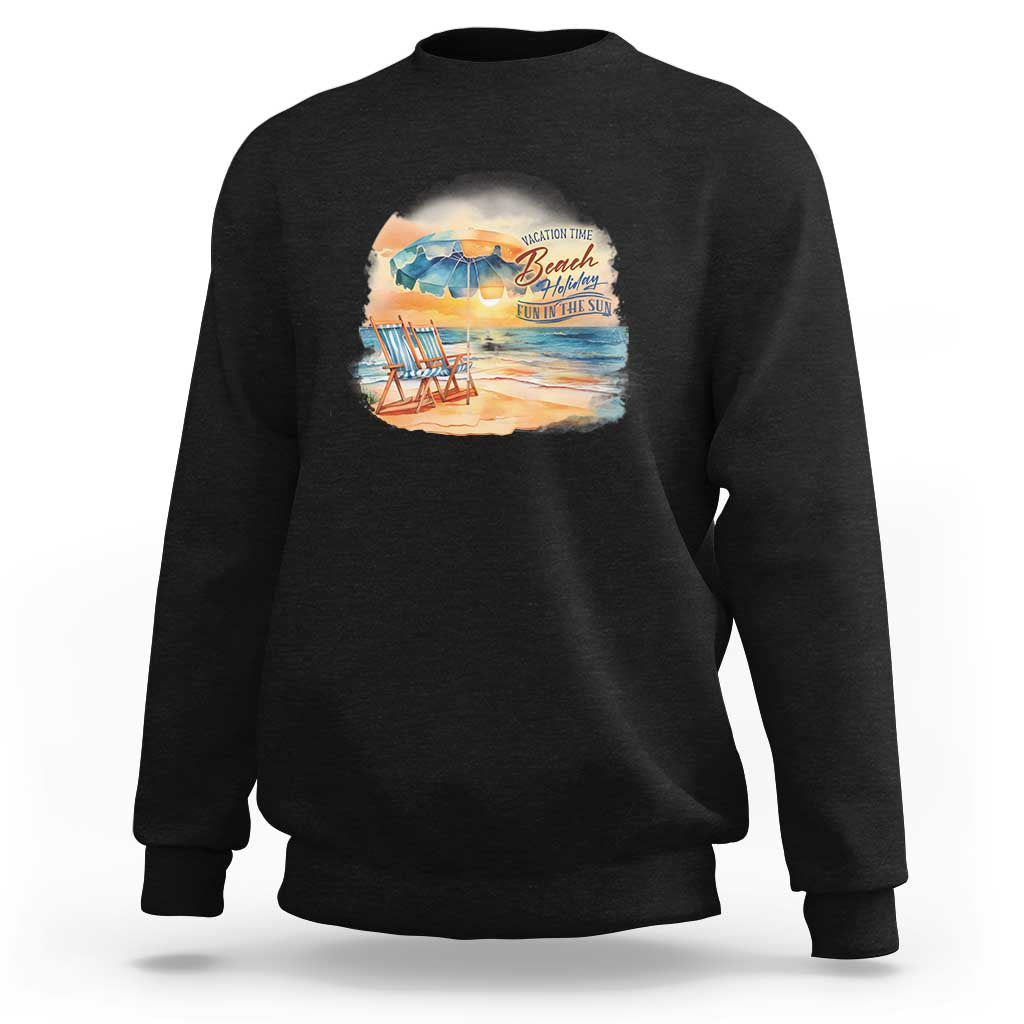 Black crewneck sweatshirt with beach graphic on chest