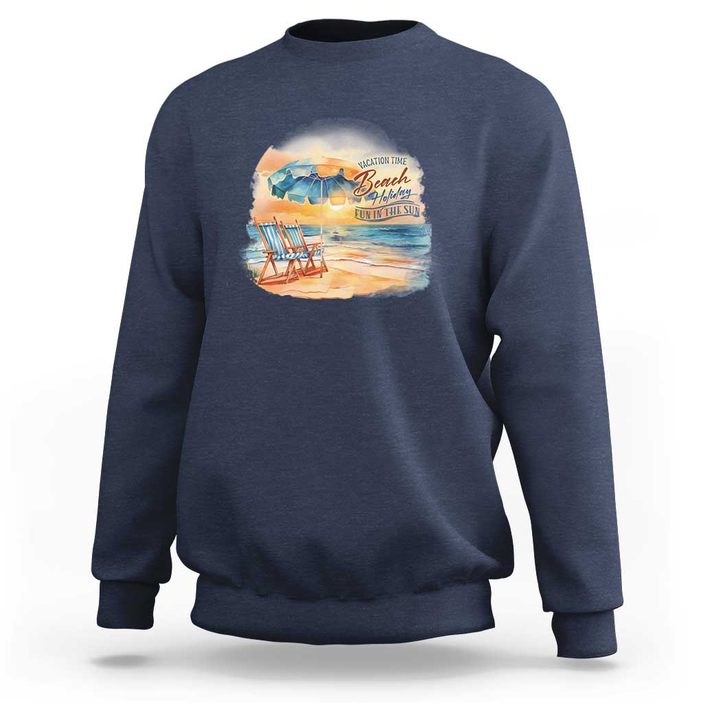 Navy crewneck sweatshirt with beach graphic on chest