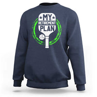 Navy crewneck sweatshirt with green pickleball retirement graphic on chest.