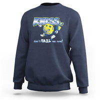 Navy crewneck sweatshirt with pickleball pickle graphic and text “don’t FAIL me now!”