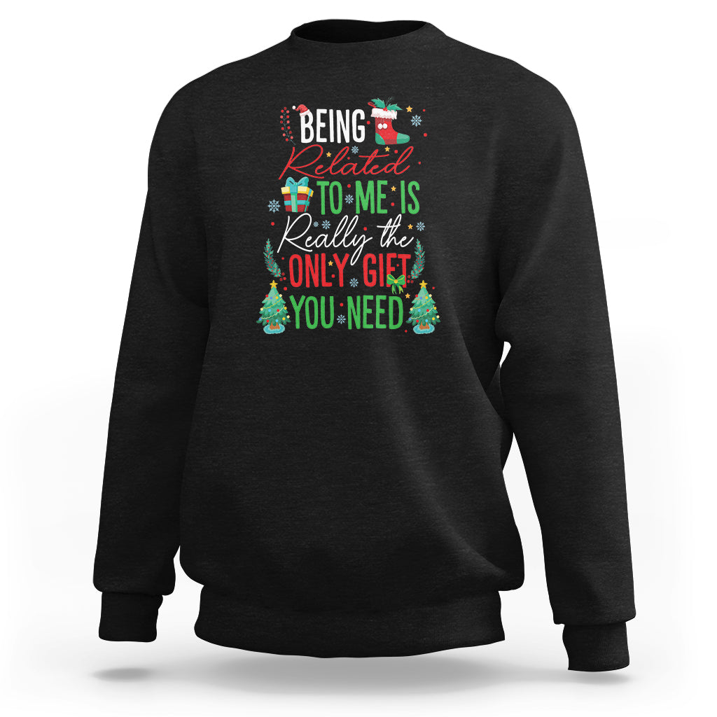 Black Christmas sweatshirt with colorful gift message graphic on front