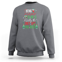 Charcoal gray Christmas sweatshirt with colorful gift message graphic on front