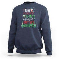 Navy Christmas sweatshirt with colorful gift message graphic on front