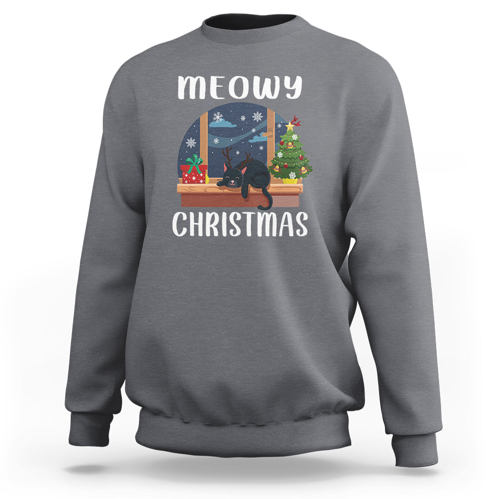 Charcoal gray crewneck sweatshirt with “meowy CHRISTMAS” cat window graphic on front.