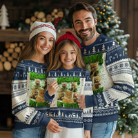 Navy ugly Christmas sweater with cat graphic, tree fair isle bands, crew neckline
