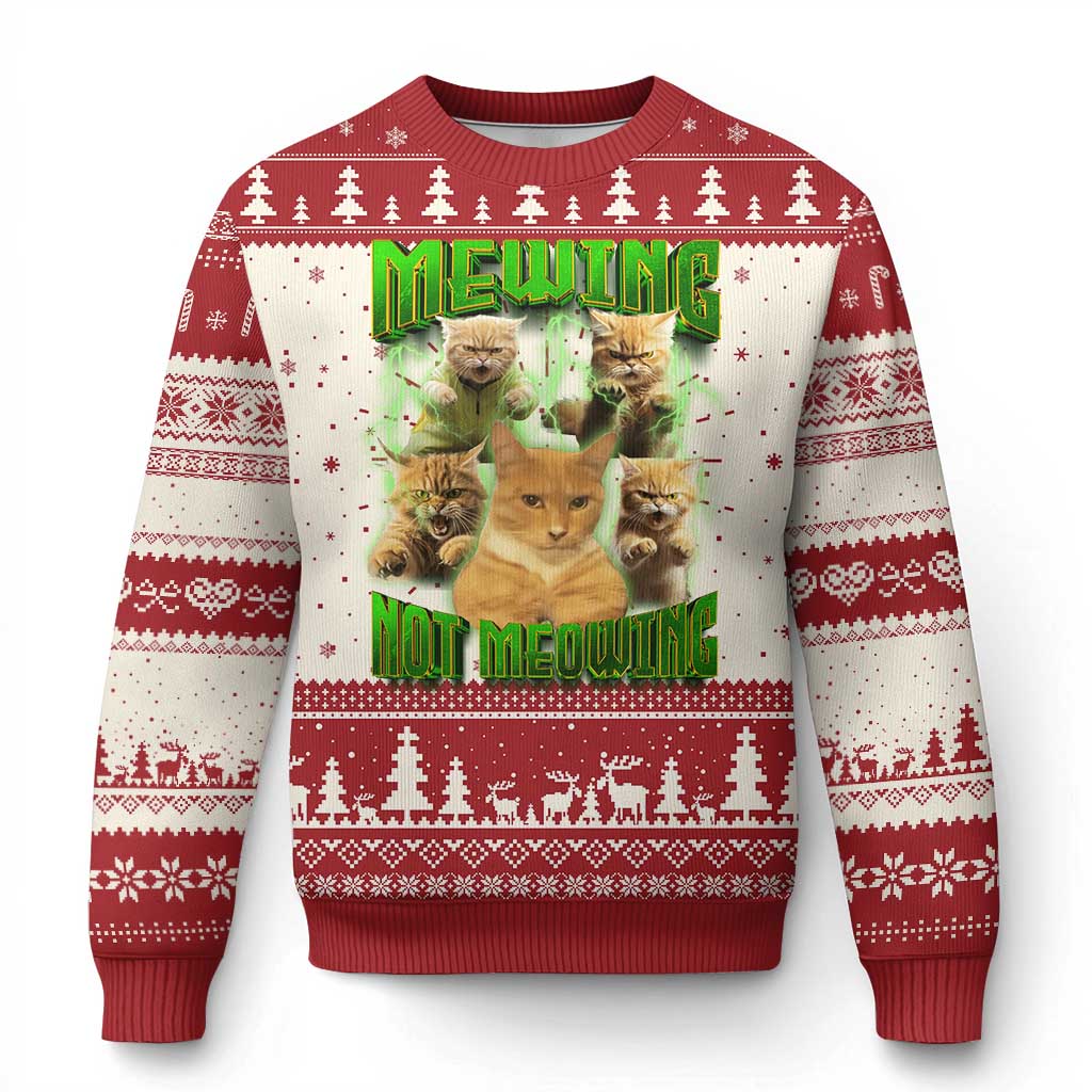 Red ugly Christmas sweater with cat graphic and striped yoke, crew neckline