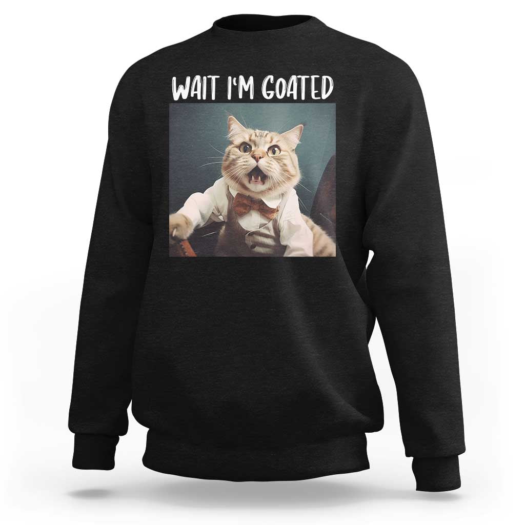 Black crewneck sweatshirt with cat graphic and "WAIT I'M GOATED" text
