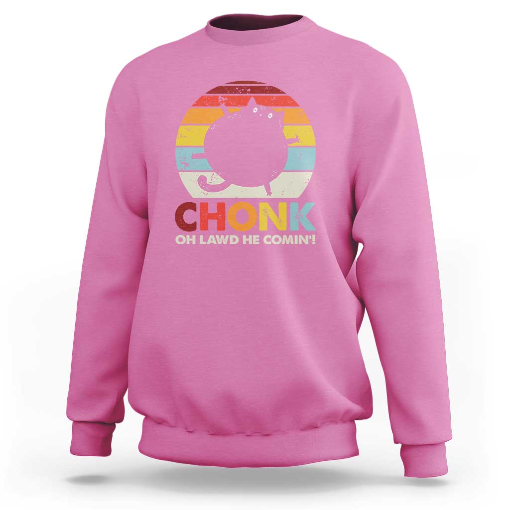 Azalea pink crewneck sweatshirt with rainbow cat graphic and 'OH LAWD HE COMIN' text