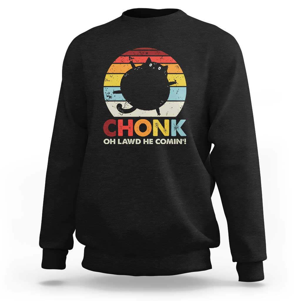 Black crewneck sweatshirt with rainbow cat graphic and 'OH LAWD HE COMIN' text