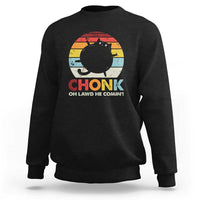 Black crewneck sweatshirt with rainbow cat graphic and 'OH LAWD HE COMIN' text