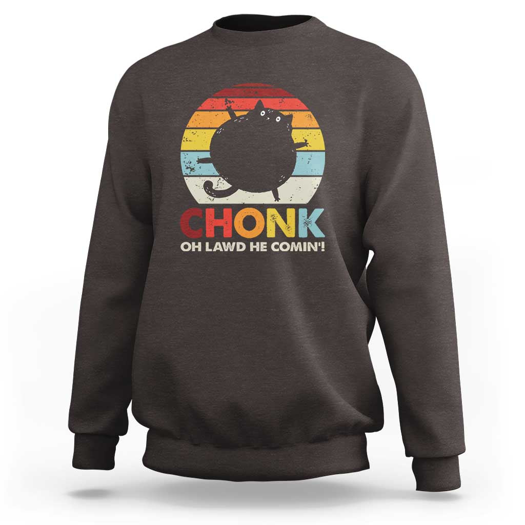 Dark chocolate crewneck sweatshirt with rainbow cat graphic and 'OH LAWD HE COMIN' text