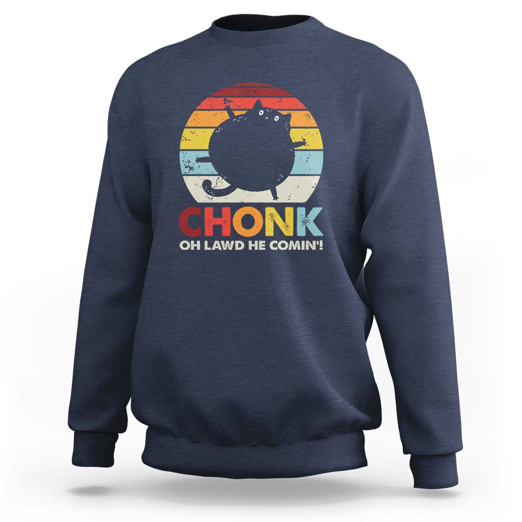 Navy crewneck sweatshirt with rainbow cat graphic and 'OH LAWD HE COMIN' text