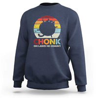 Navy crewneck sweatshirt with rainbow cat graphic and 'OH LAWD HE COMIN' text