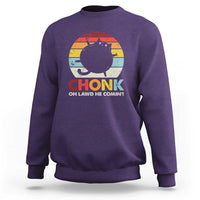 Purple crewneck sweatshirt with rainbow cat graphic and 'OH LAWD HE COMIN' text