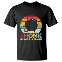 Black crewneck T-shirt with retro rainbow cat silhouette and CHONK front graphic.