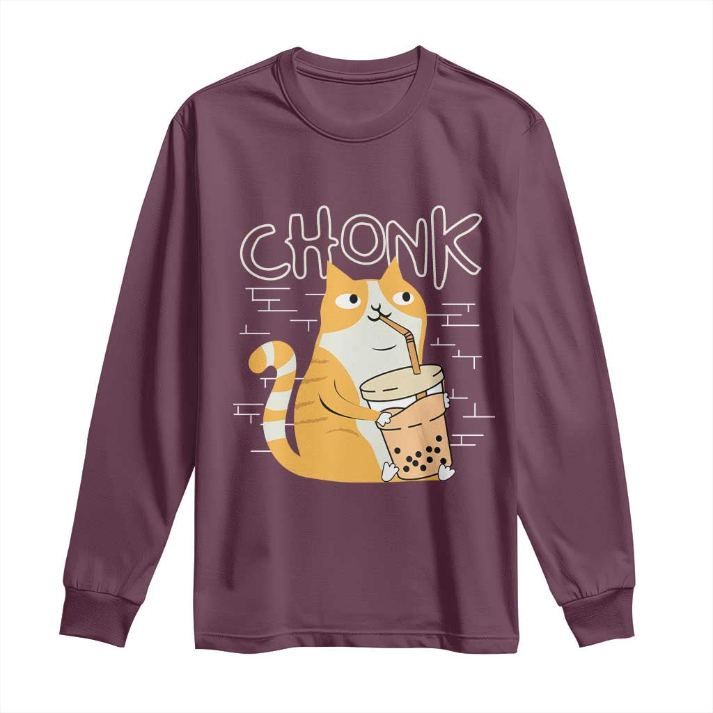 Funny Fat Cat Long Sleeve Shirt Chonk Drinking Bubble Tea