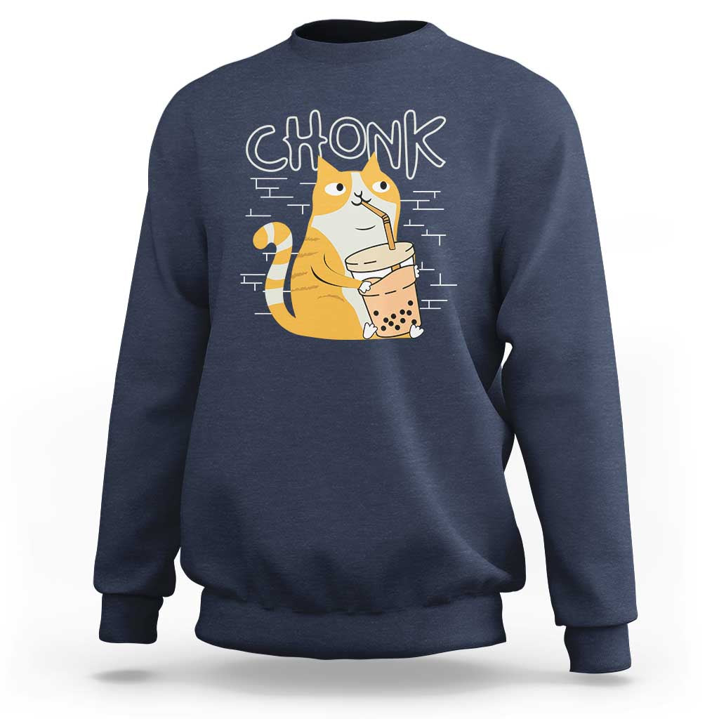 Navy sweatshirt with “CHONK” graphic of a cat drinking bubble tea