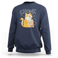 Navy sweatshirt with “CHONK” graphic of a cat drinking bubble tea