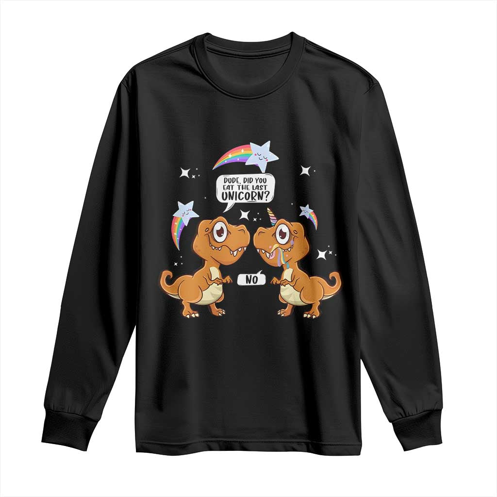 Black long-sleeve T-shirt with dinosaur and unicorn graphic on the front