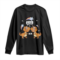 Black long-sleeve T-shirt with dinosaur and unicorn graphic on the front