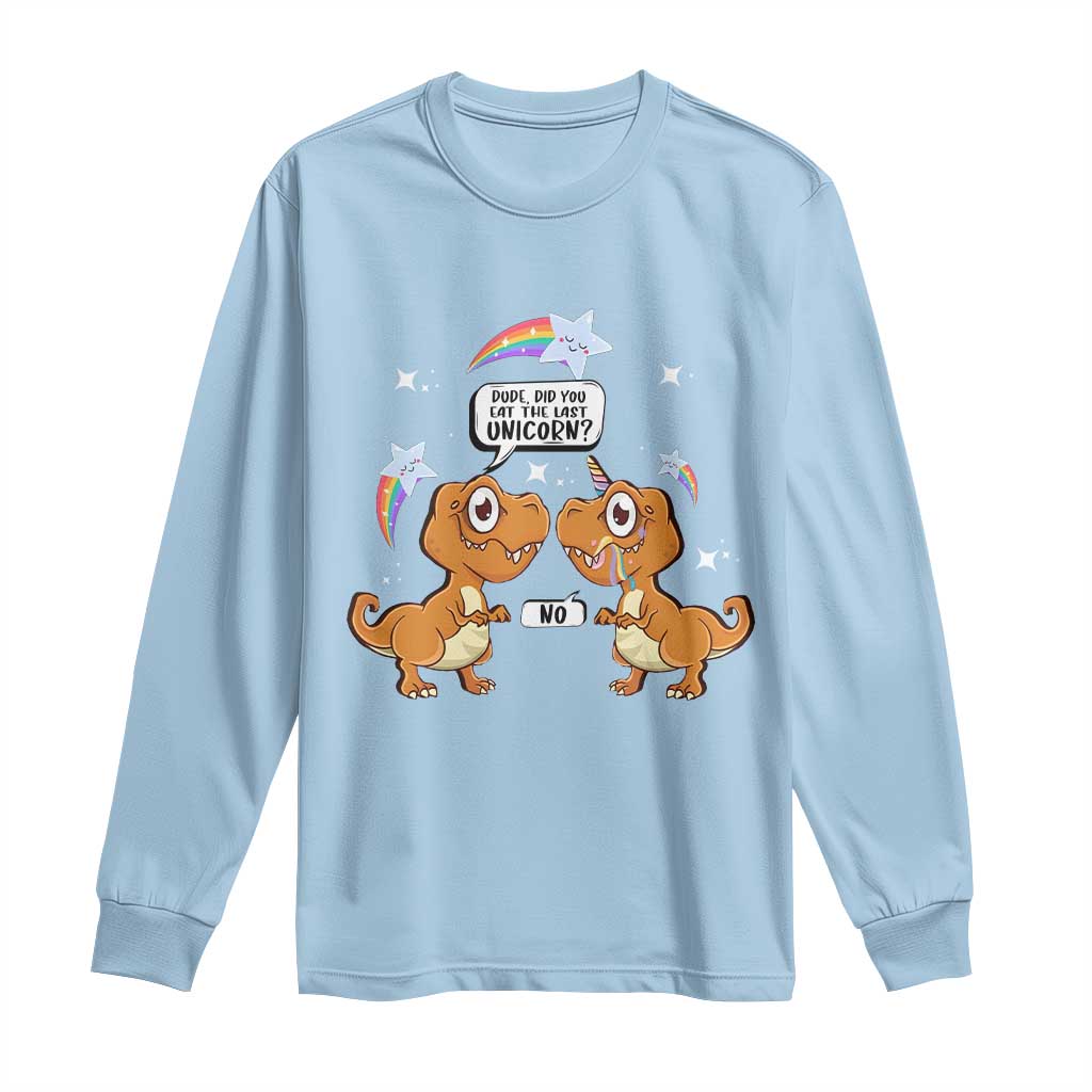 Light blue long-sleeve T-shirt with dinosaur and unicorn graphic on the front
