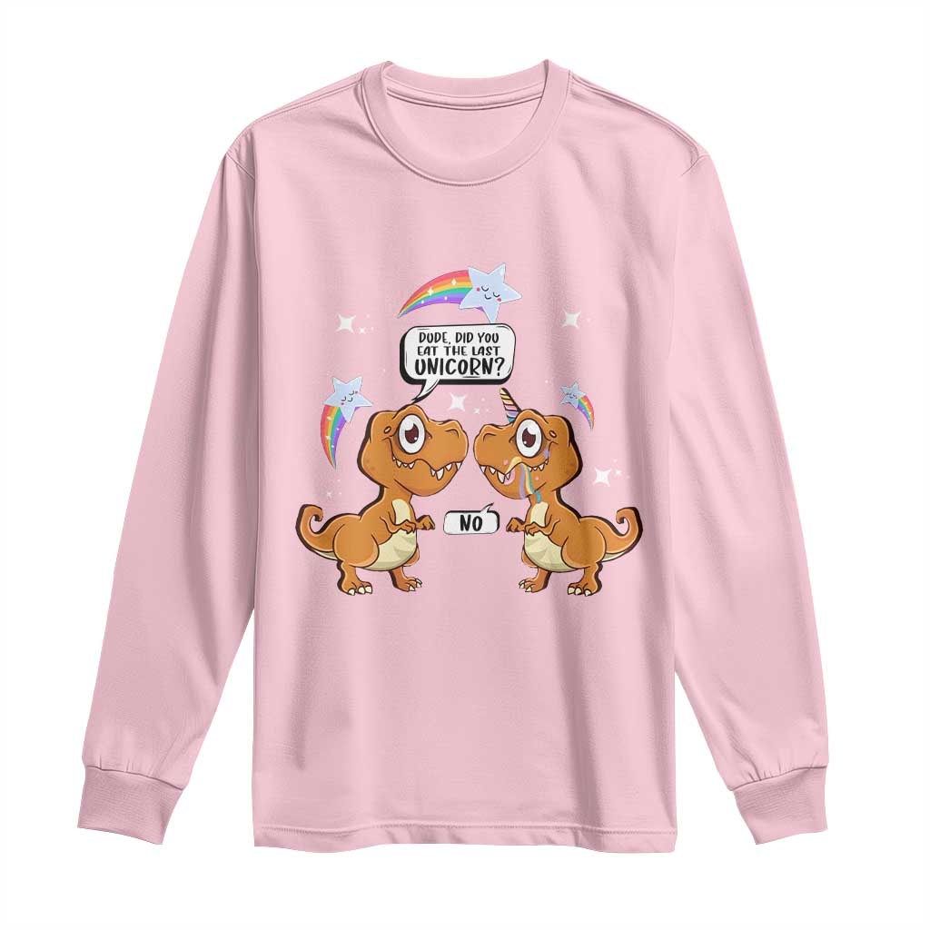 Light pink long-sleeve T-shirt with dinosaur and unicorn graphic on the front