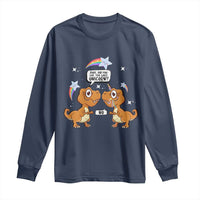 Navy long-sleeve T-shirt with dinosaur and unicorn graphic on the front