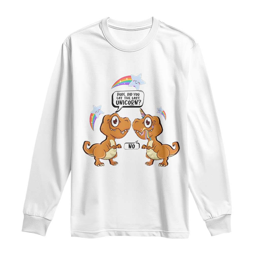 White long-sleeve T-shirt with dinosaur and unicorn graphic on the front