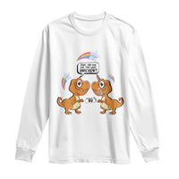 White long-sleeve T-shirt with dinosaur and unicorn graphic on the front