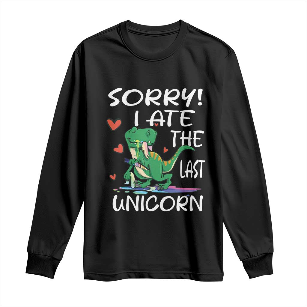 Black long-sleeve T-shirt with colorful dinosaur unicorn text graphic