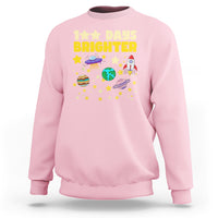 Light pink 100th day of school sweatshirt with space rocket and “Days Brighter” graphic