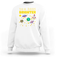 White 100th day of school sweatshirt with space rocket and “Days Brighter” graphic