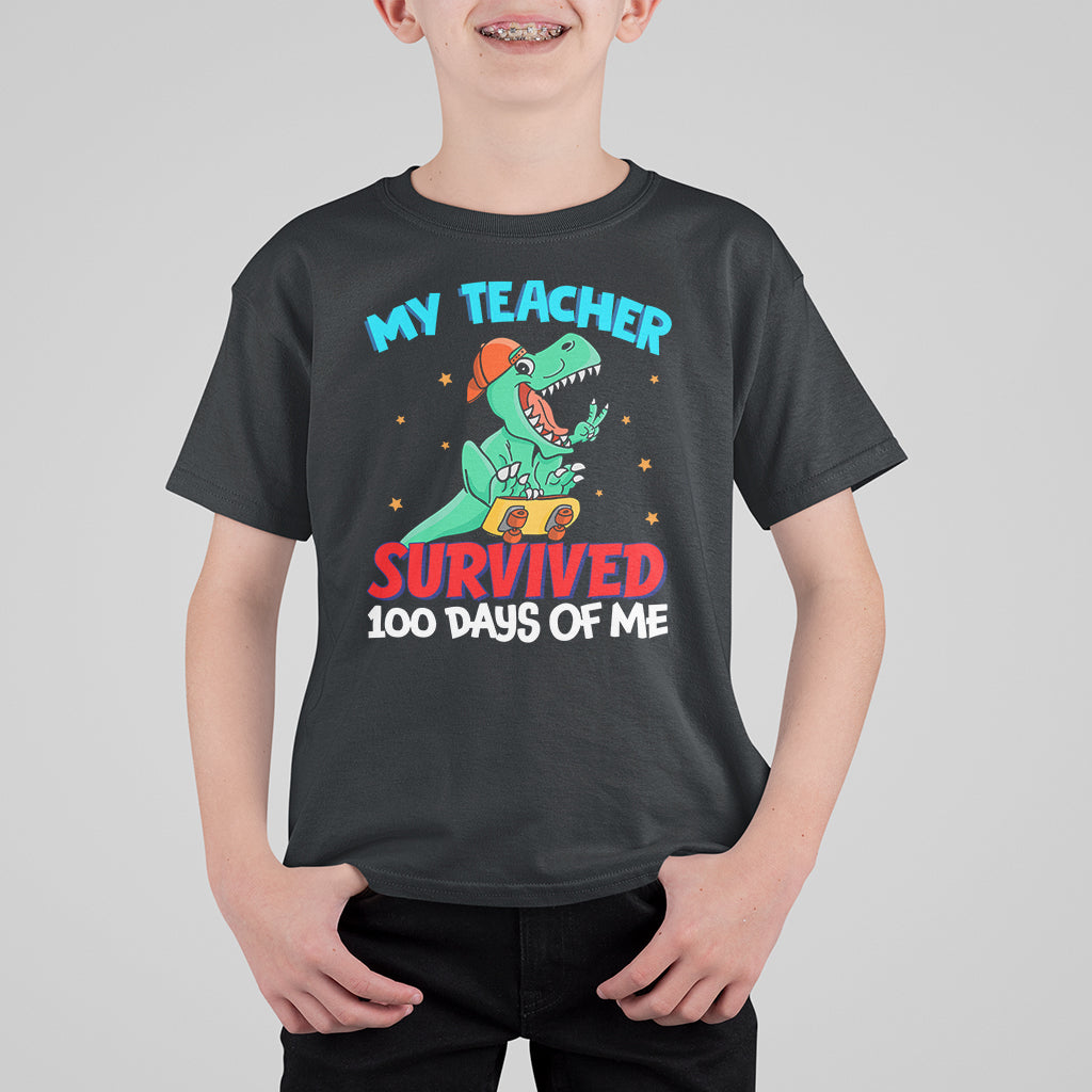 100th Day Of School T Shirt For Kid My Teacher Survived 100 Days Of Me Funny Dinosaur - Wonder Print Shop