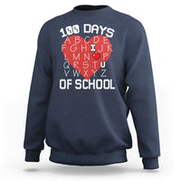 Navy crewneck sweatshirt with “100 DAYS OF SCHOOL” alphabet graphic on front