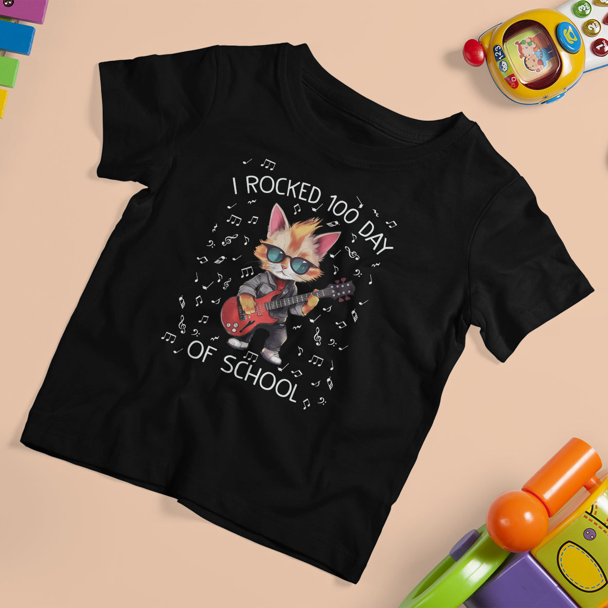 100th Day Of School T Shirt For Kid I Rocked 100 Days Funny Cat Play Guitar Rock Lover - Wonder Print Shop