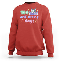 Red sweatshirt with "aMEOWzing days" cat reading book graphic