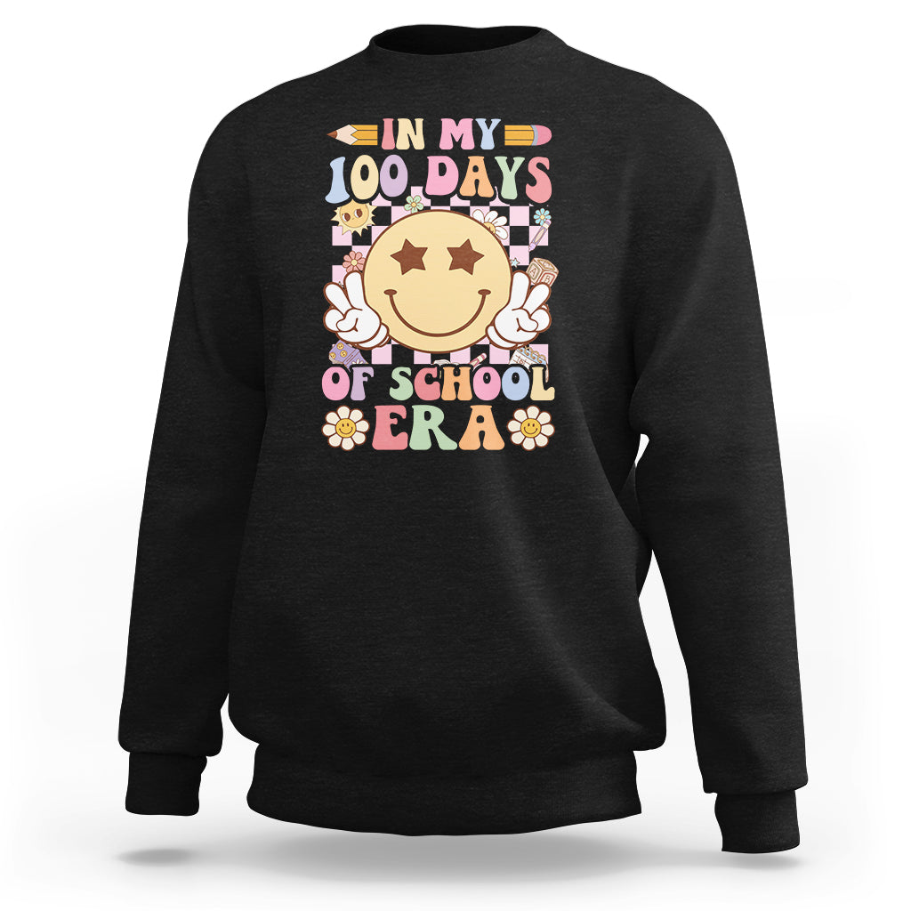 Black crewneck sweatshirt with colorful “100 Days Of School Era” front graphic