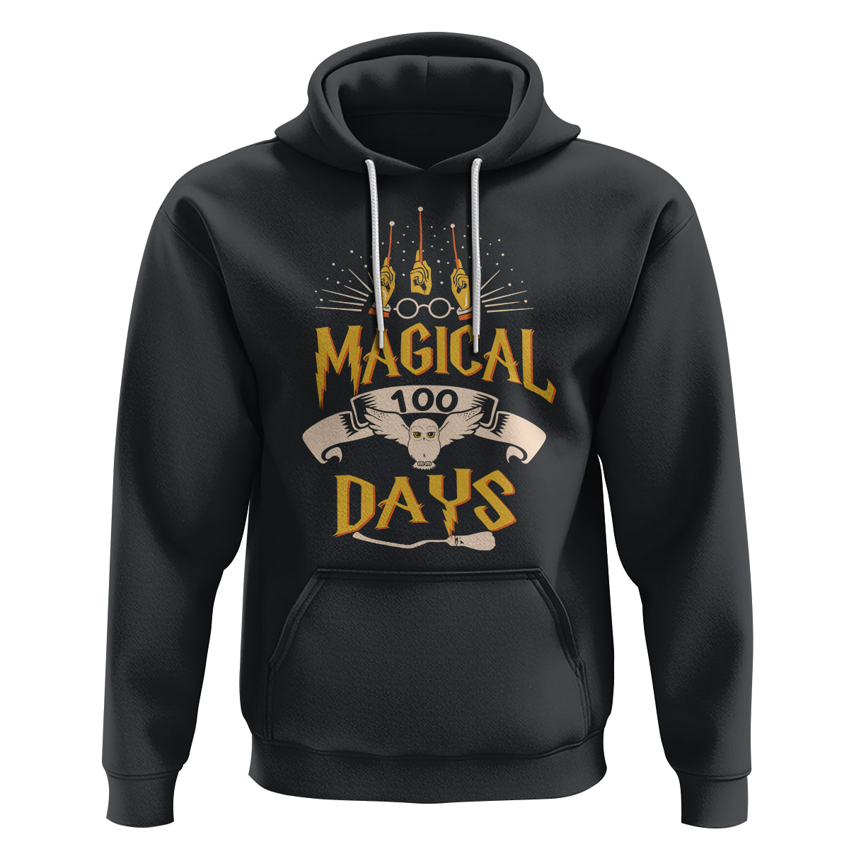 Black pullover hoodie with front kangaroo pocket and “MAGICAL 100 DAYS” owl graphic