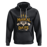 Black pullover hoodie with front kangaroo pocket and “MAGICAL 100 DAYS” owl graphic