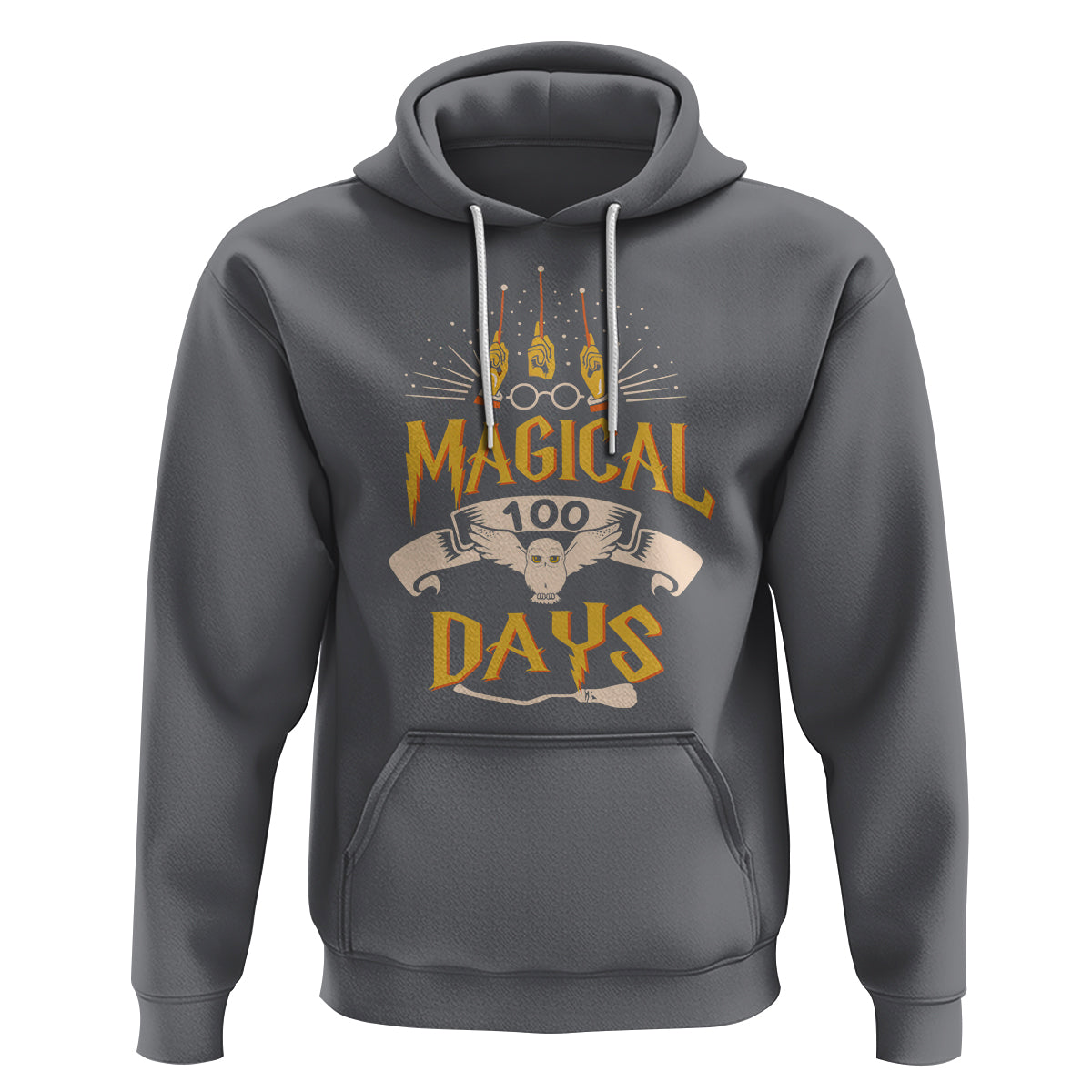 Charcoal gray pullover hoodie with front kangaroo pocket and “MAGICAL 100 DAYS” owl graphic