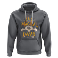 Charcoal gray pullover hoodie with front kangaroo pocket and “MAGICAL 100 DAYS” owl graphic