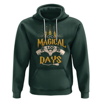 Dark forest green pullover hoodie with front kangaroo pocket and “MAGICAL 100 DAYS” owl graphic