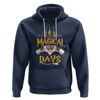Navy pullover hoodie with front kangaroo pocket and “MAGICAL 100 DAYS” owl graphic
