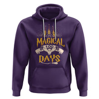 Purple pullover hoodie with front kangaroo pocket and “MAGICAL 100 DAYS” owl graphic